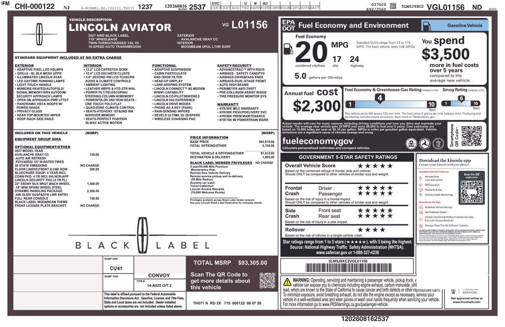2027 Lincoln Aviator 4DR AWD BLK LBL