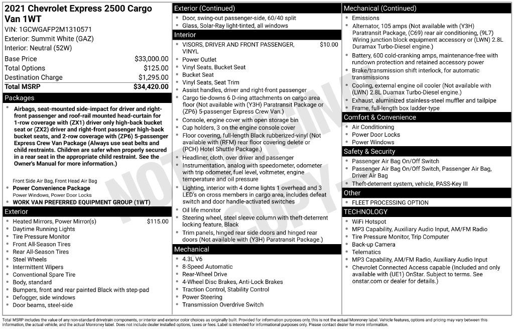 2021 Chevrolet Express 2500 Work Van Cargo