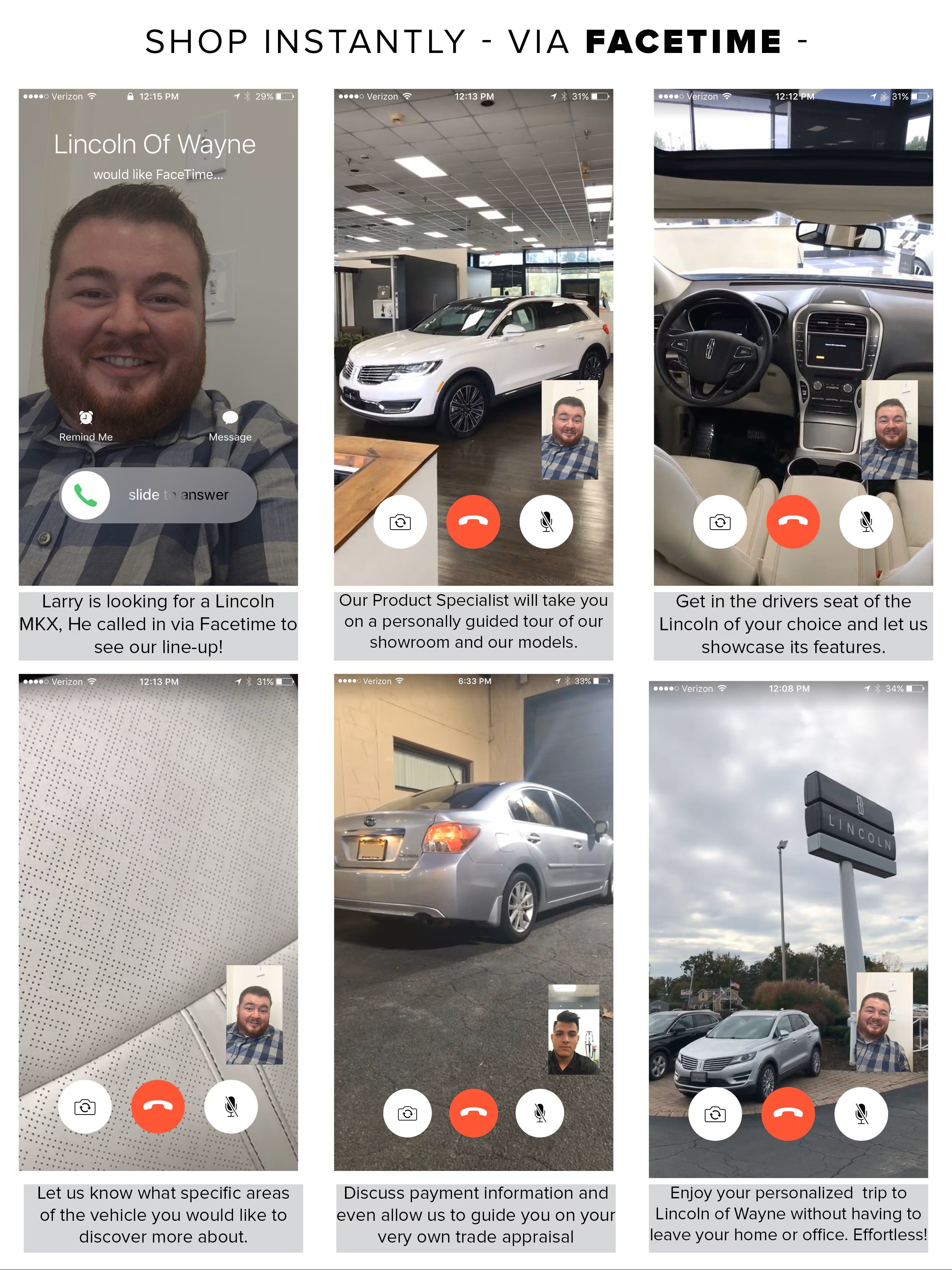 Six screenshots depicting a man using FaceTime to shop for a car, showcasing various car features and dealership services.